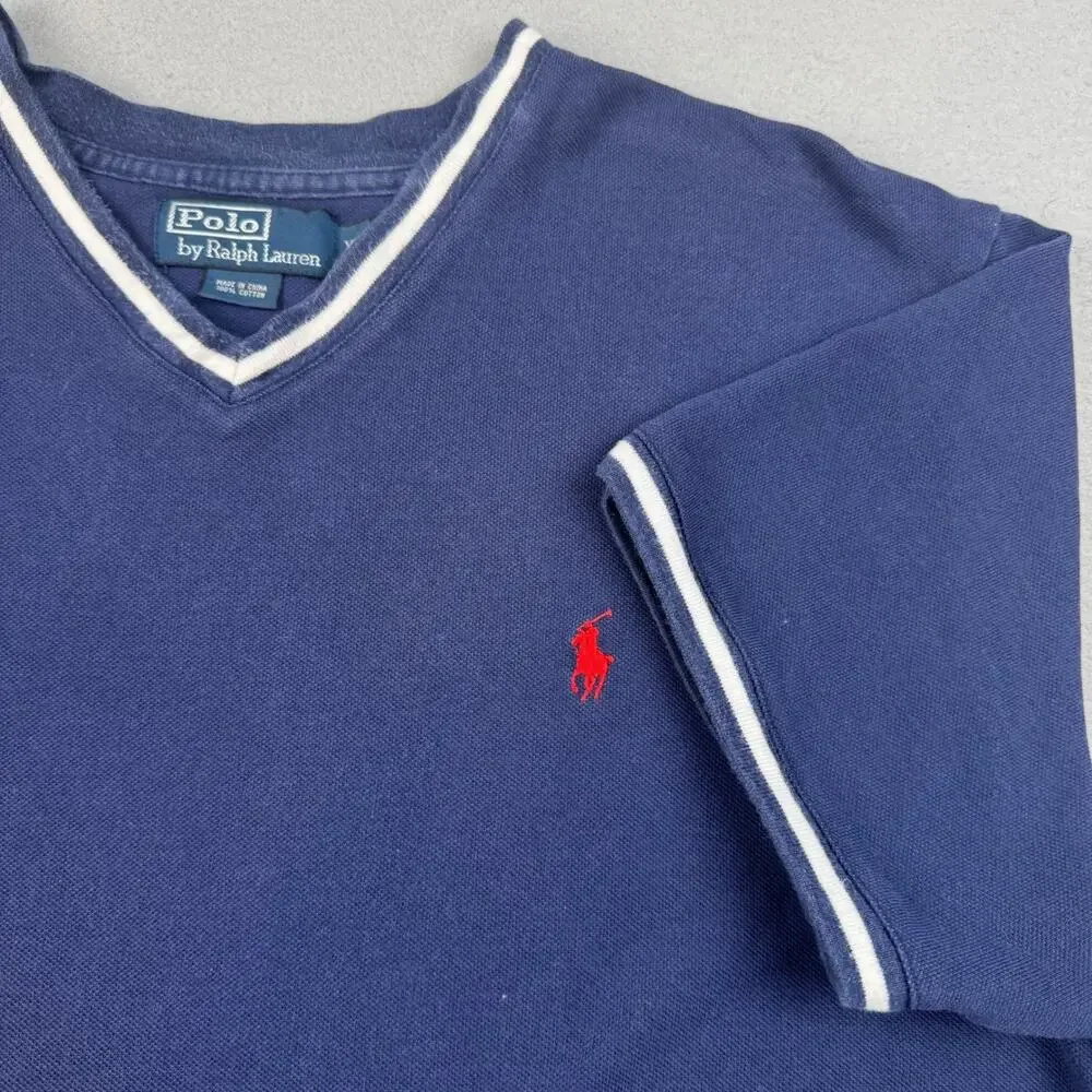 Vintage Polo Ralph Lauren Pique V Neck Cotton TShirt XL Navy Red Pony Y2K Preppy